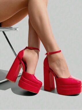 Women’s Patent Red Platform Block Heel Ankle-Strap Pumps